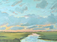 Load image into Gallery viewer, An impressionistic landscape painting depicting a wide marsh or field with a winding pale river under a blue sky filled with soft gray and peach clouds.
